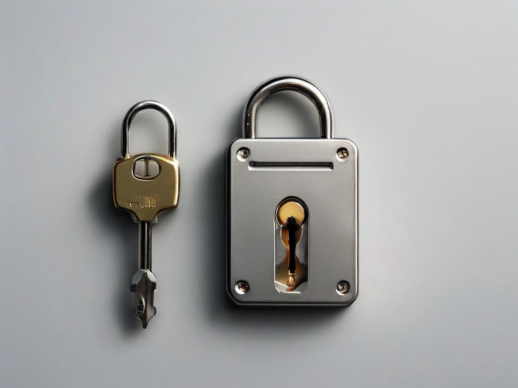 Metal lock, closed key case, and blank security card arranged for account safety preparation on a matte gray surface.