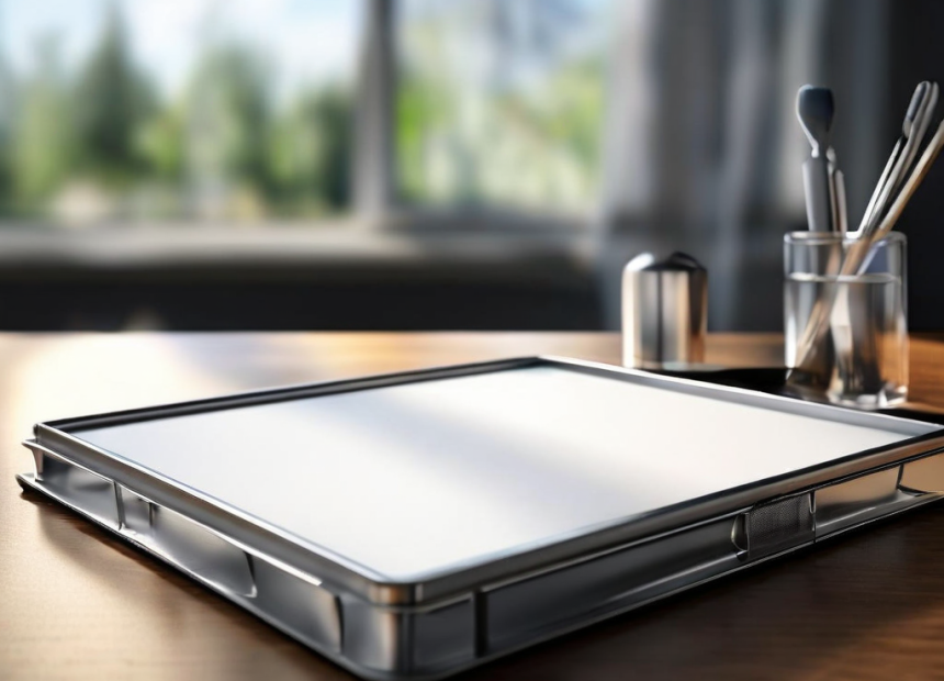 Blank divider cards beside a compact storage tray on a brushed metal surface, morning light.