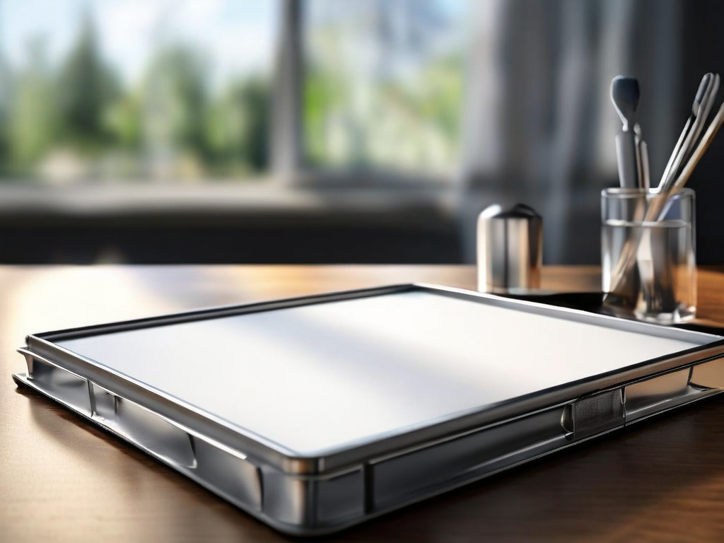Blank divider cards beside a compact storage tray on a brushed metal surface, morning light.