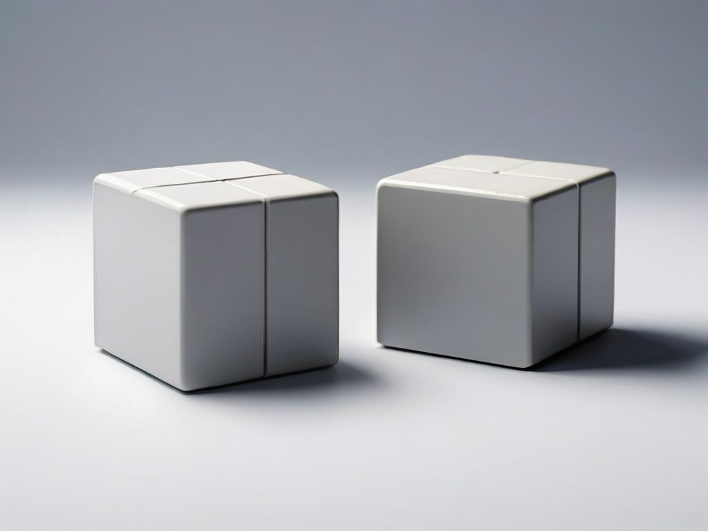 Two blank storage blocks with matching alignment guides sit on a matte gray surface under soft side light.