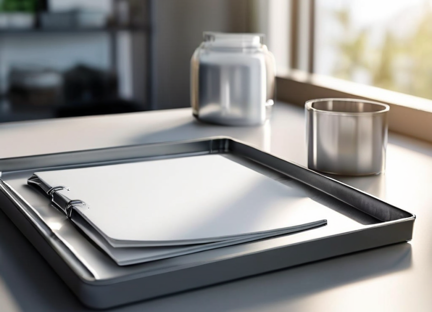 Blank divider cards and a compact storage tray on brushed metal, morning light with shallow depth of field.