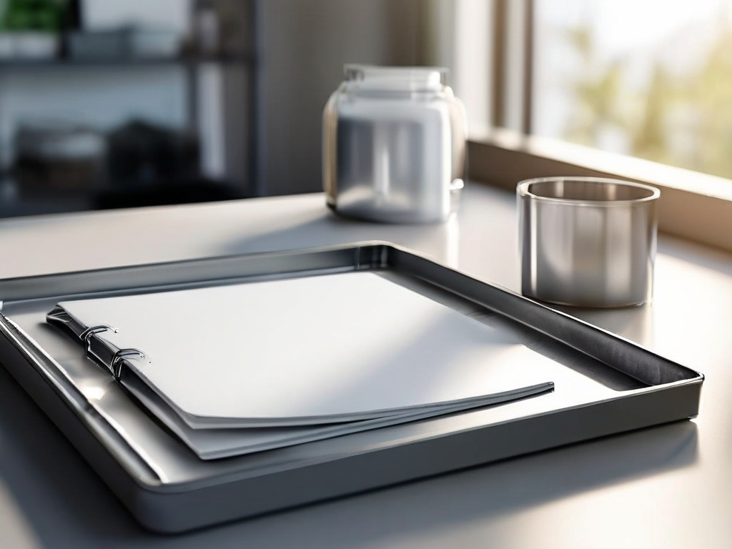 Blank divider cards and a compact storage tray on brushed metal, morning light with shallow depth of field.