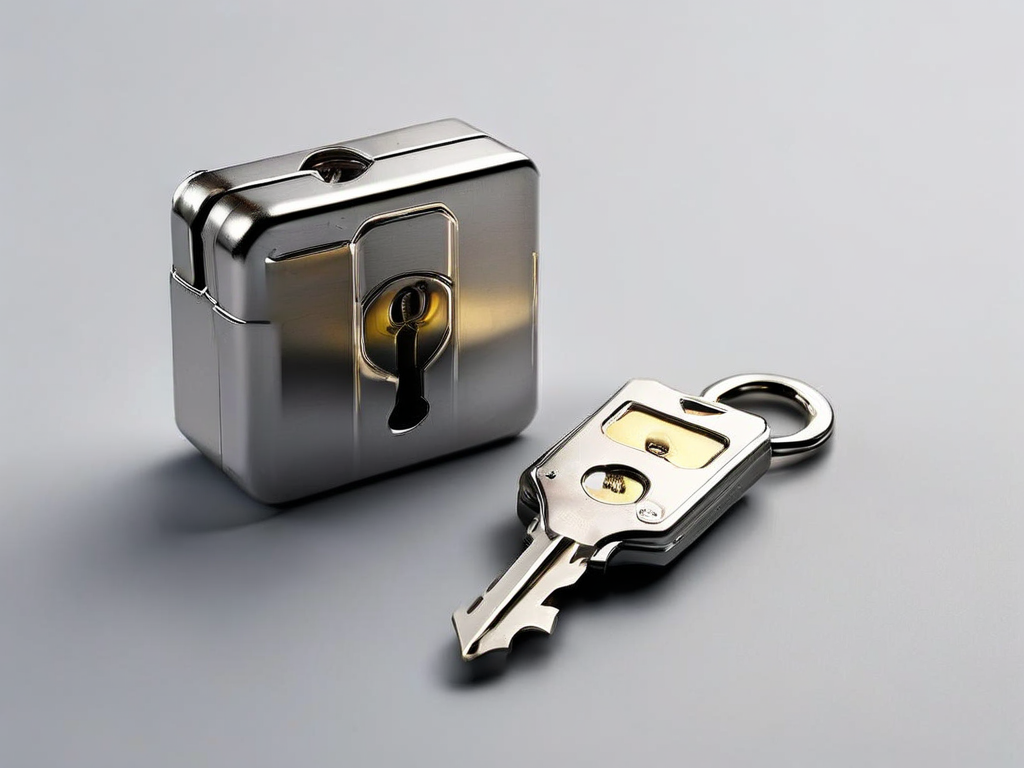 Small metal lock, closed key case, and blank security card arranged on matte gray surface for account safety preparation.