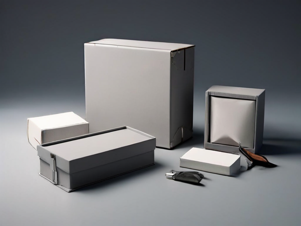 Small archive boxes and blank compartment inserts on a matte gray surface, representing organized backup settings.