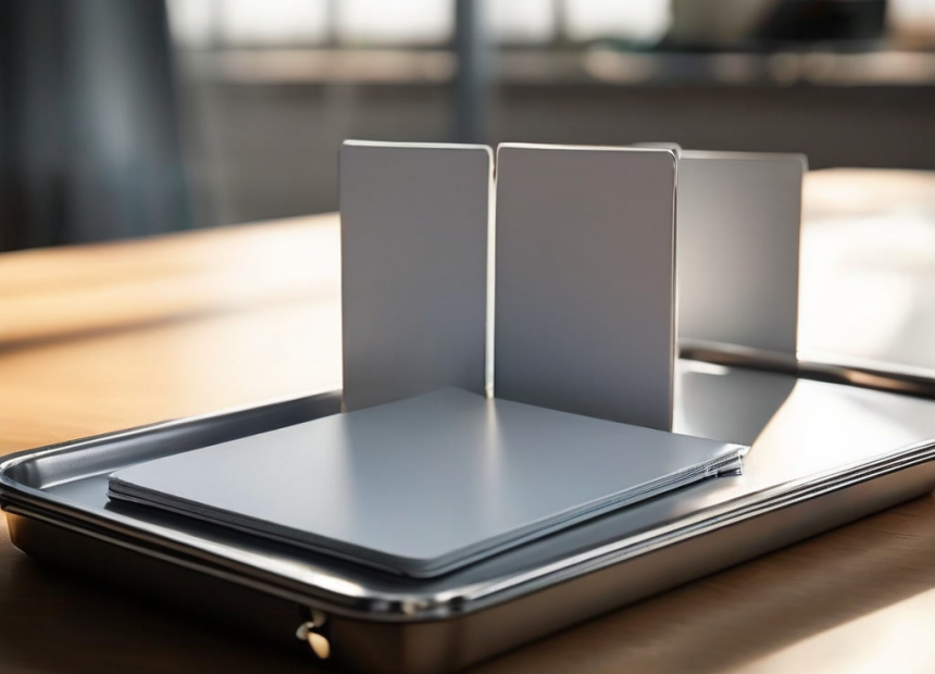 Blank divider cards in a compact storage tray on a brushed metal surface, representing organized cache settings.