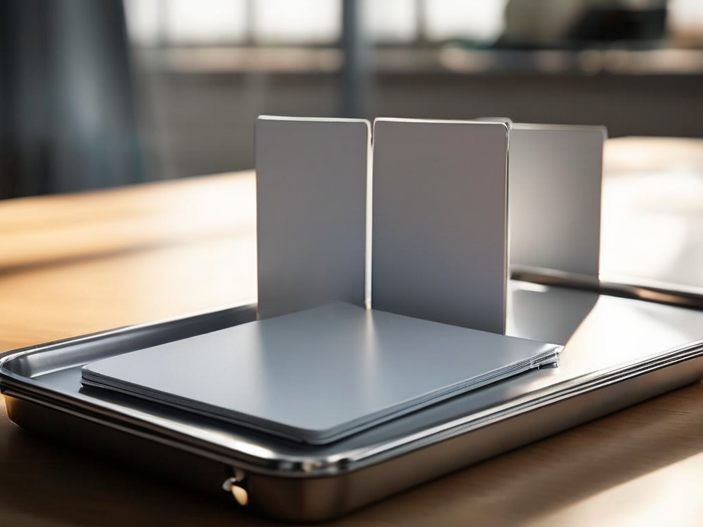 Blank divider cards in a compact storage tray on a brushed metal surface, representing organized cache settings.