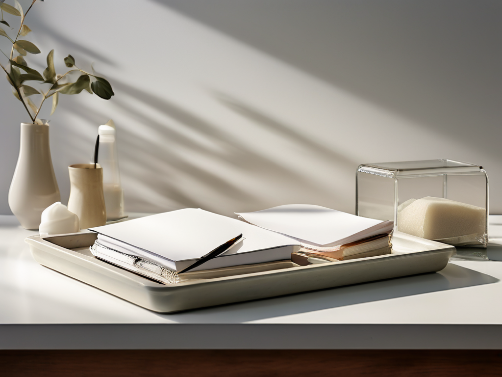 Organized checklist tray with blank cards and sealed archive blocks in compartments on a stone counter.