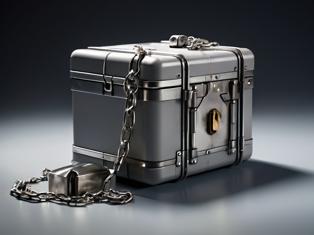A sealed gray plastic case with a short metal chain beside it, with three small blank blocks arranged nearby on a matte surface.