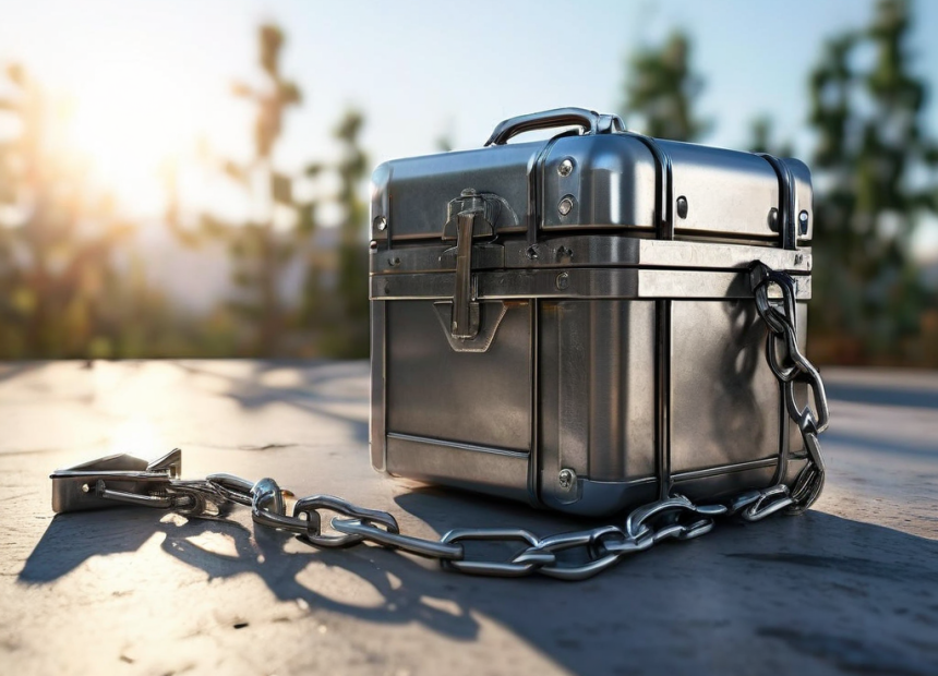 Metal storage case with chain and file location blocks on brushed metal surface.