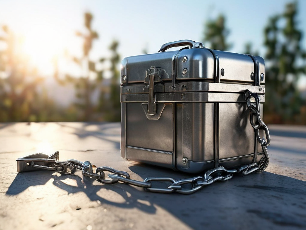 Metal storage case with chain and file location blocks on brushed metal surface.
