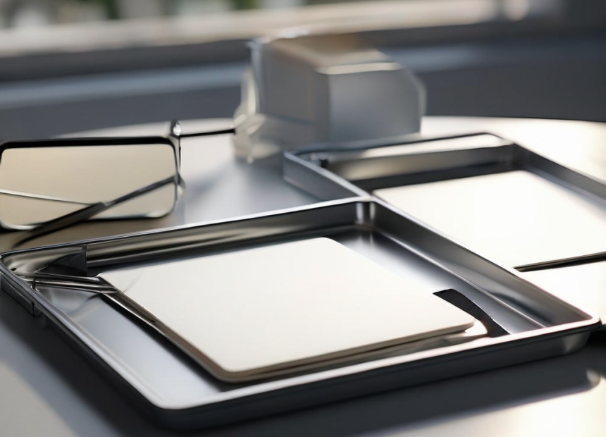 Blank divider cards and a compact storage tray on a brushed metal surface, organized references metaphor