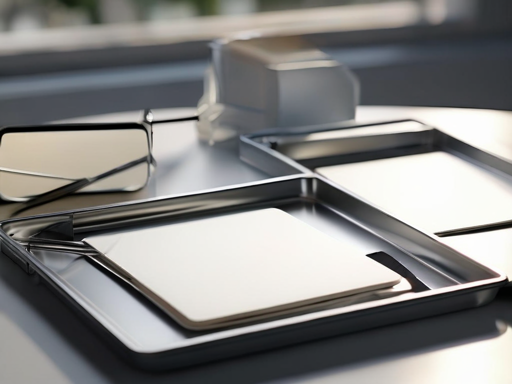 Blank divider cards and a compact storage tray on a brushed metal surface, organized references metaphor.