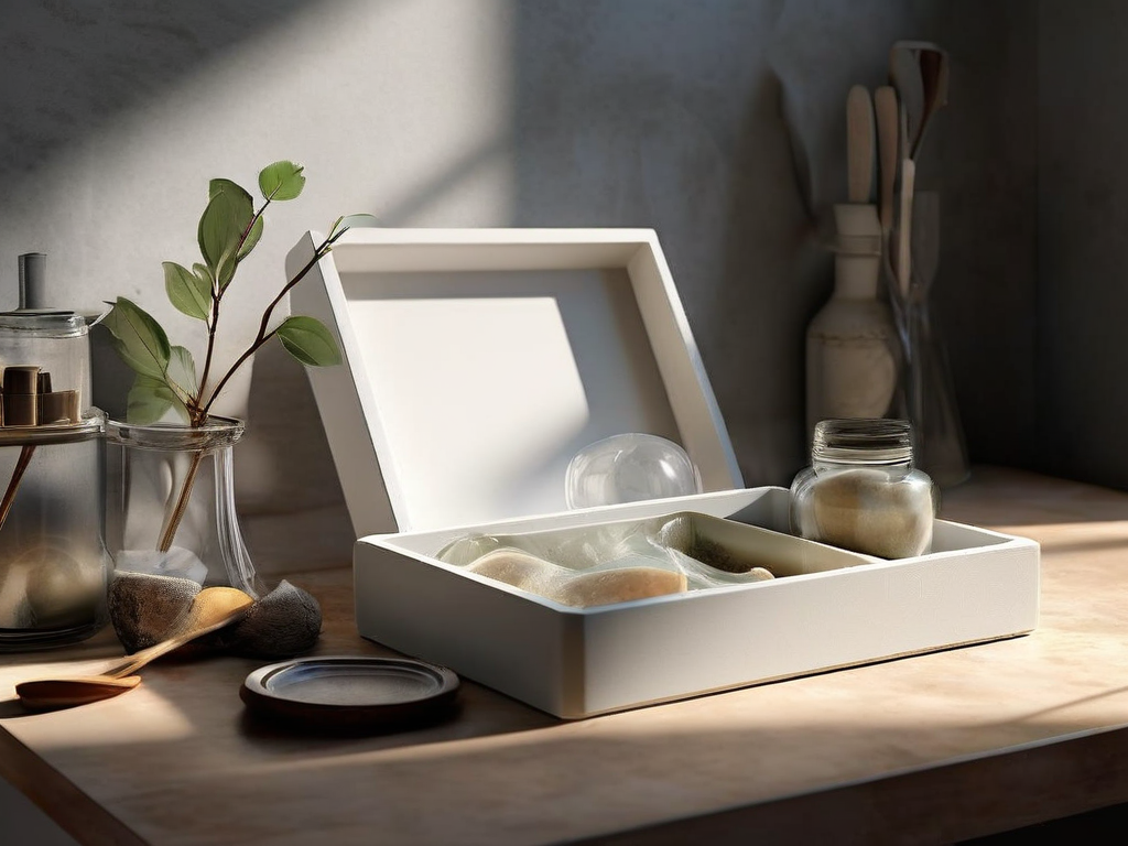 Blank acrylic storage tray with an empty slot and a confirmation seal on the side, soft studio light.